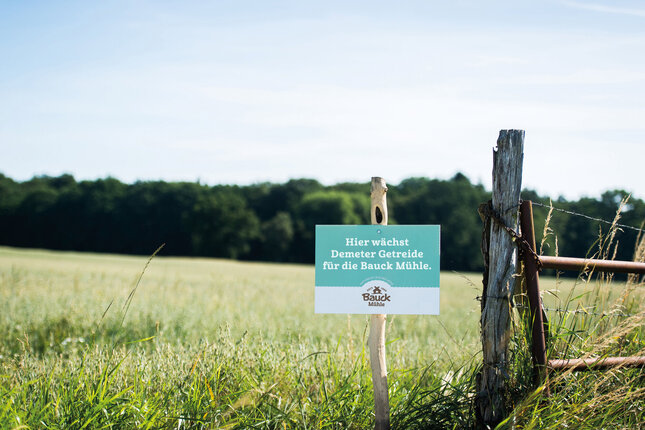 Schild mit Demeter Anbau von Bauck auf einem Feld